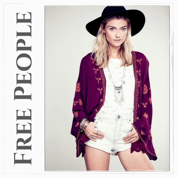 Free People Jackets & Blazers - Free People Maroon Red Embroidered Kimono Jacket